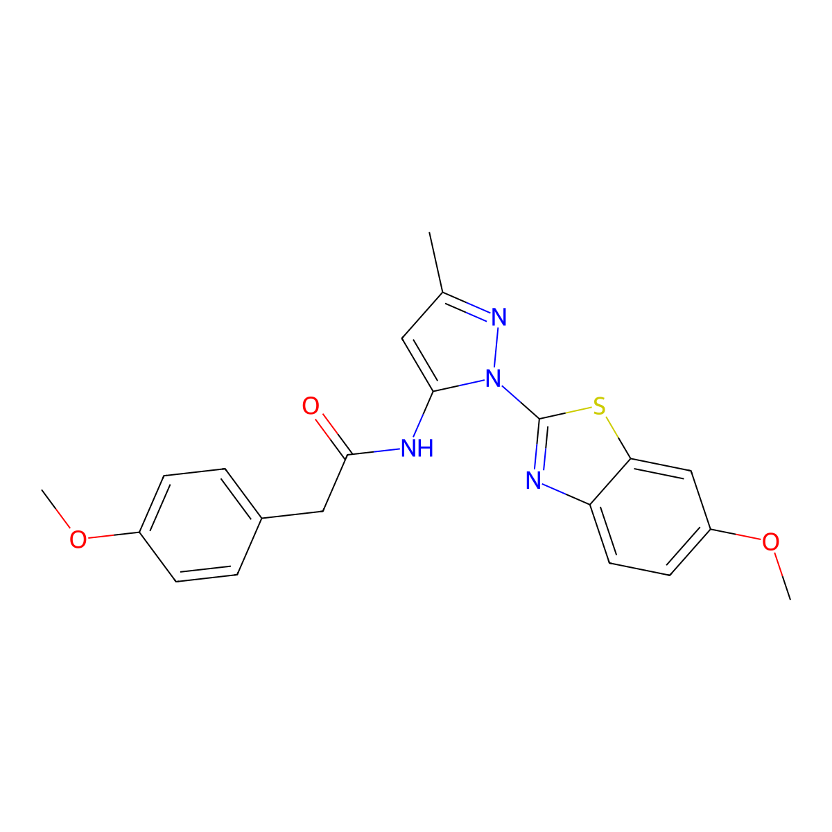 N-(1-(6-methoxybenzo[d]thiazol-2-yl)-3-methyl-1H-pyrazol-5-yl)-2-(4-methoxyphenyl)acetamide molecular structure, CAS 1172055-09-2