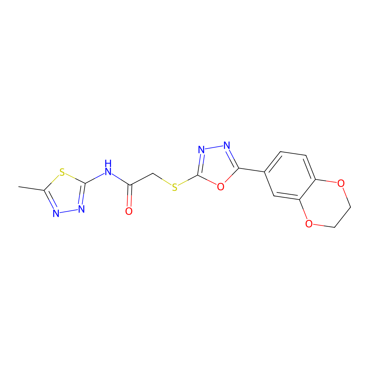 2-((5-(2,3-dihydrobenzo[b][1,4]dioxin-6-yl)-1,3,4-oxadiazol-2-yl)thio)-N-(5-methyl-1,3,4-thiadiazol-2-yl)acetamide molecular structure, CAS 1172055-79-6