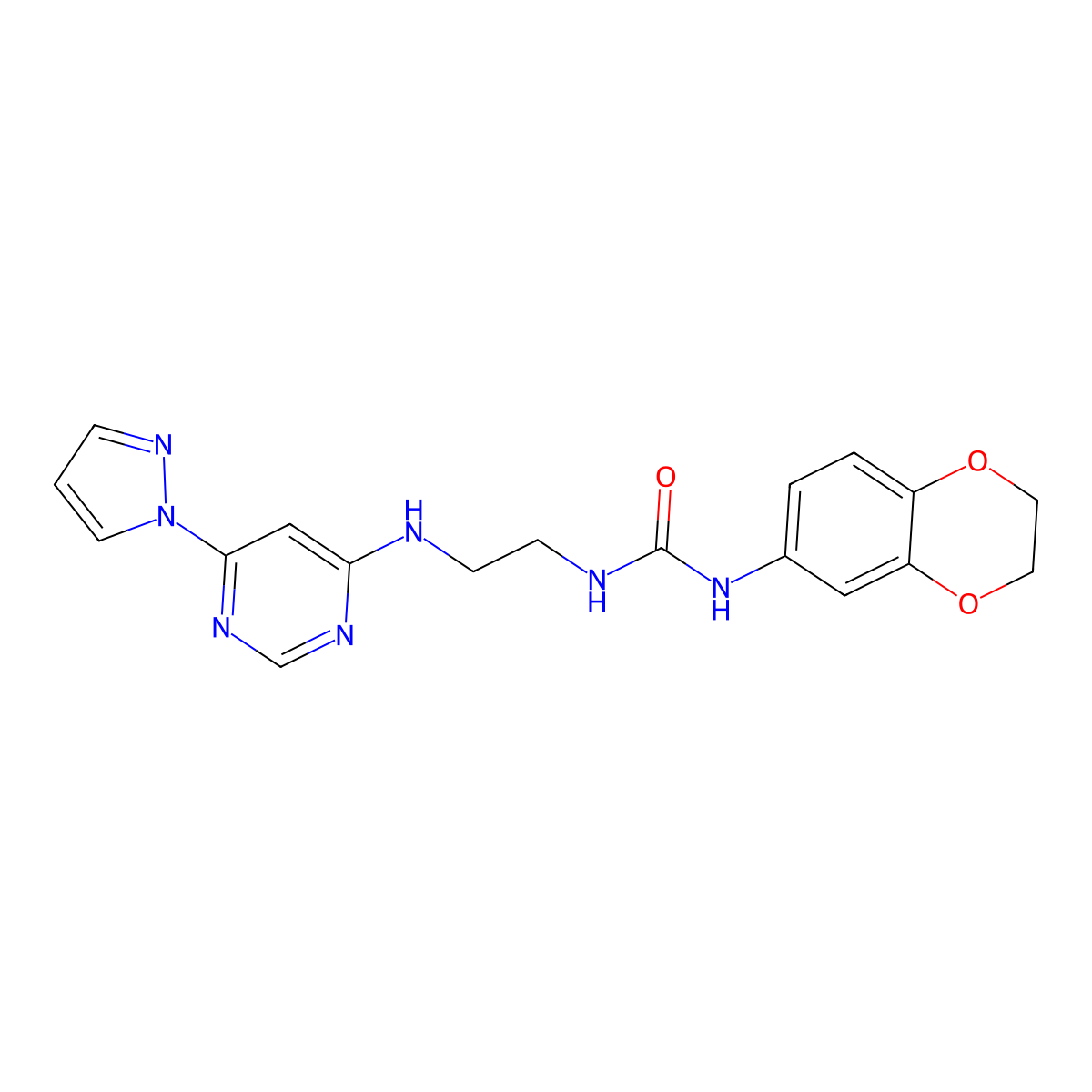 1-(2-((6-(1H-pyrazol-1-yl)pyrimidin-4-yl)amino)ethyl)-3-(2,3-dihydrobenzo[b][1,4]dioxin-6-yl)urea molecular structure, CAS 1172056-09-5