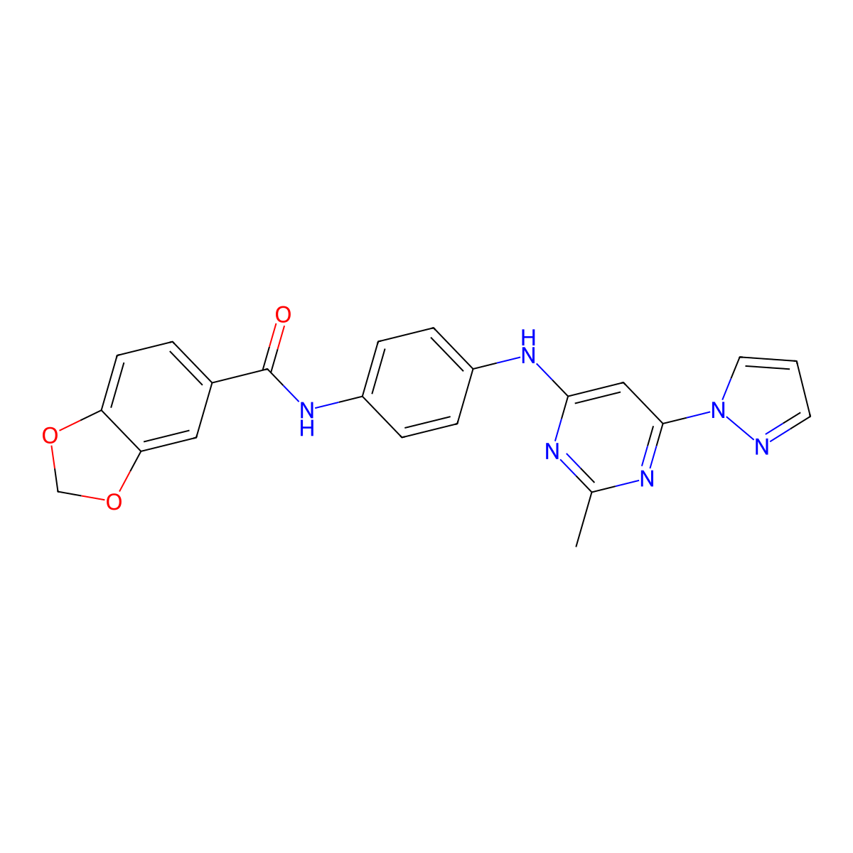 N-(4-((2-methyl-6-(1H-pyrazol-1-yl)pyrimidin-4-yl)amino)phenyl)benzo[d][1,3]dioxole-5-carboxamide molecular structure, CAS 1172060-85-3
