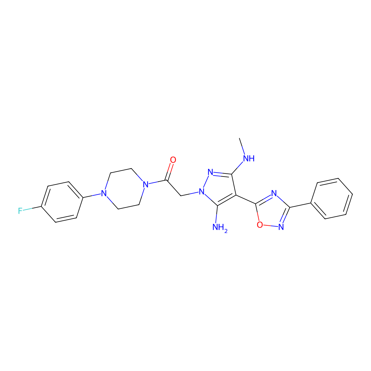 2-(5-amino-3-(methylamino)-4-(3-phenyl-1,2,4-oxadiazol-5-yl)-1H-pyrazol-1-yl)-1-(4-(4-fluorophenyl)piperazin-1-yl)ethanone molecular structure, CAS 1172061-45-8