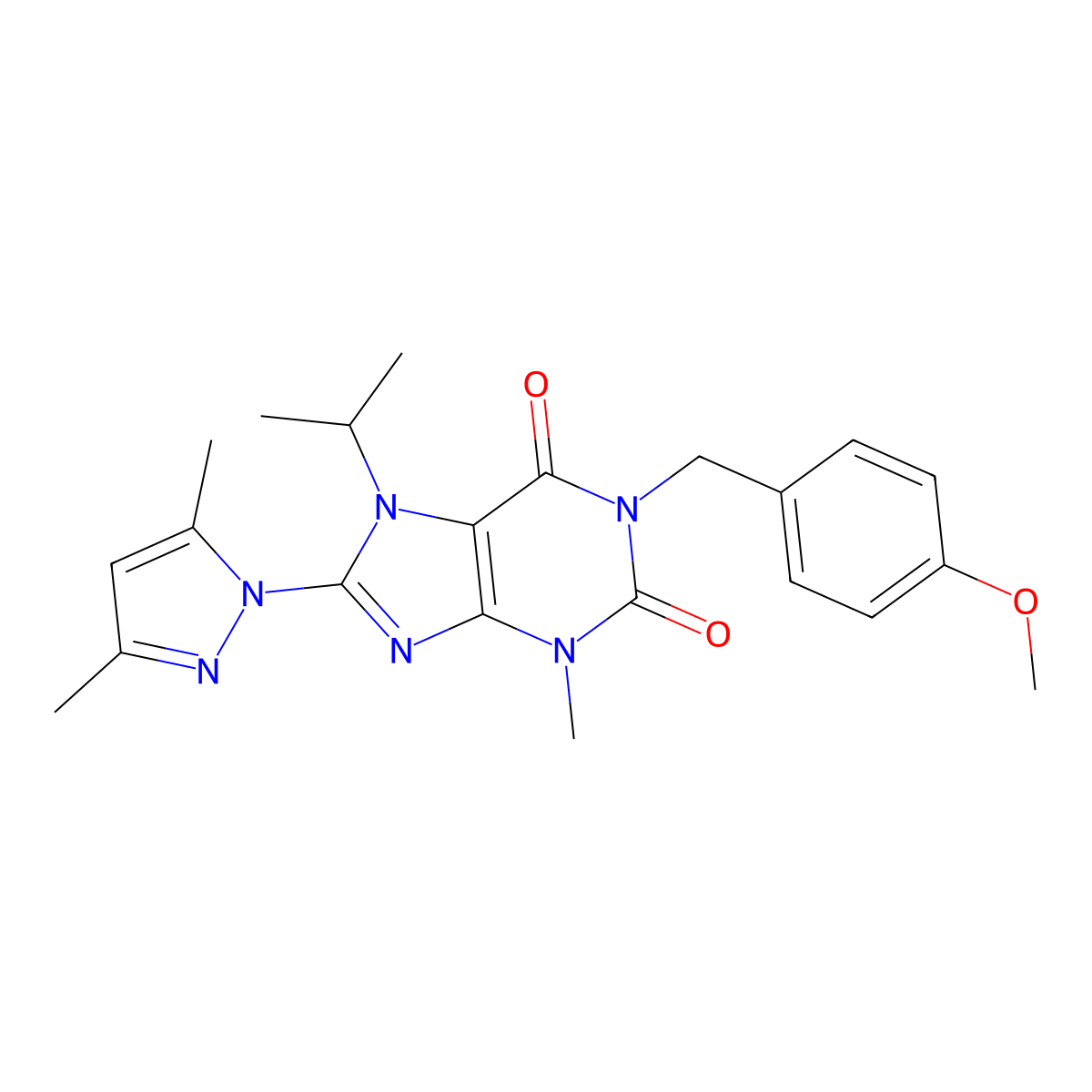 8-(3,5-Dimethylpyrazolyl)-1-[(4-methoxyphenyl)methyl]-3-methyl-7-(methylethyl)-1,3,7-trihydropurine-2,6-dione molecular structure, CAS 1172062-32-6