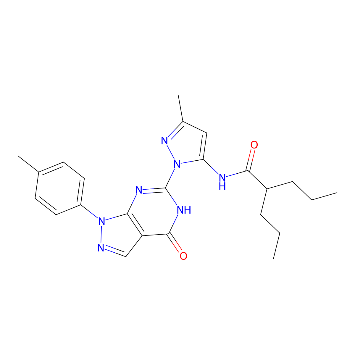 N-(3-methyl-1-(4-oxo-1-(p-tolyl)-4,5-dihydro-1H-pyrazolo[3,4-d]pyrimidin-6-yl)-1H-pyrazol-5-yl)-2-propylpentanamide molecular structure, CAS 1172063-57-8
