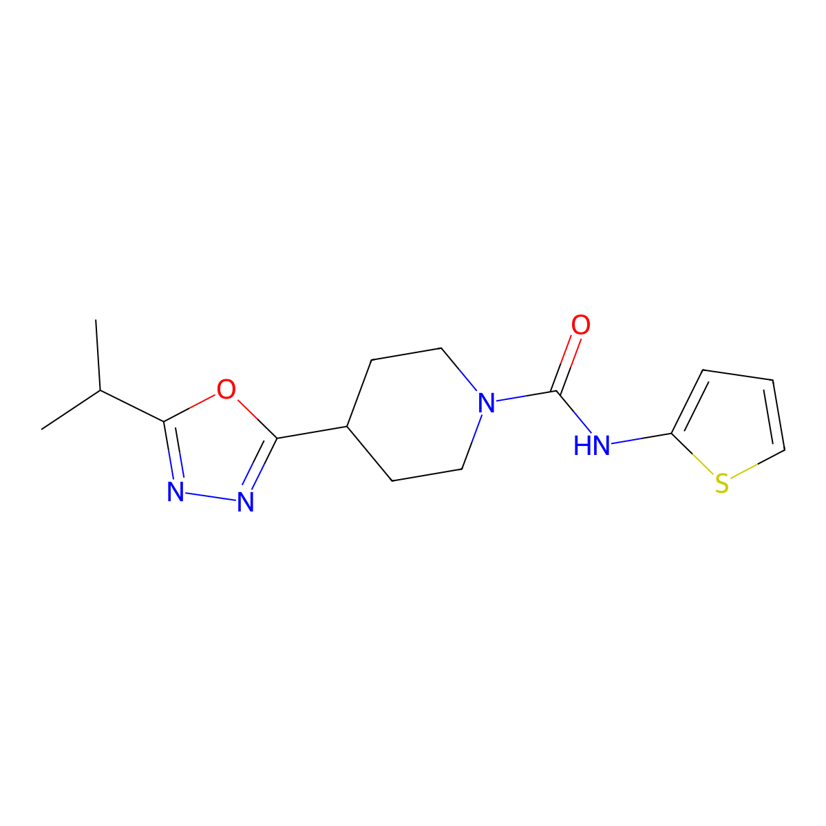 4-(5-isopropyl-1,3,4-oxadiazol-2-yl)-N-(thiophen-2-yl)piperidine-1-carboxamide molecular structure, CAS 1172063-80-7