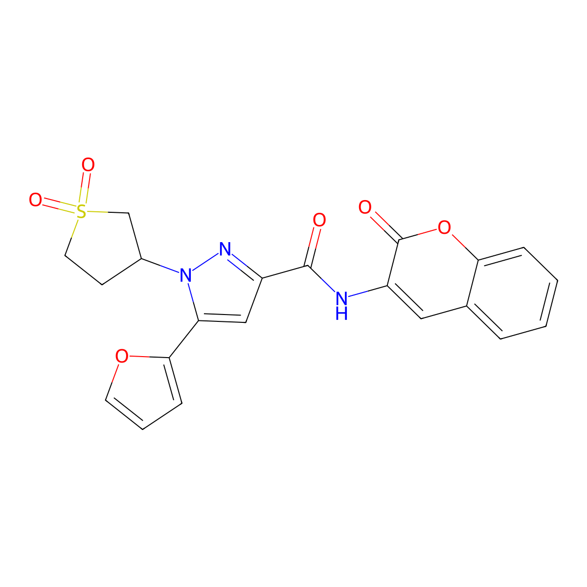 1-(1,1-dioxidotetrahydrothiophen-3-yl)-5-(furan-2-yl)-N-(2-oxo-2H-chromen-3-yl)-1H-pyrazole-3-carboxamide molecular structure, CAS 1172068-60-8