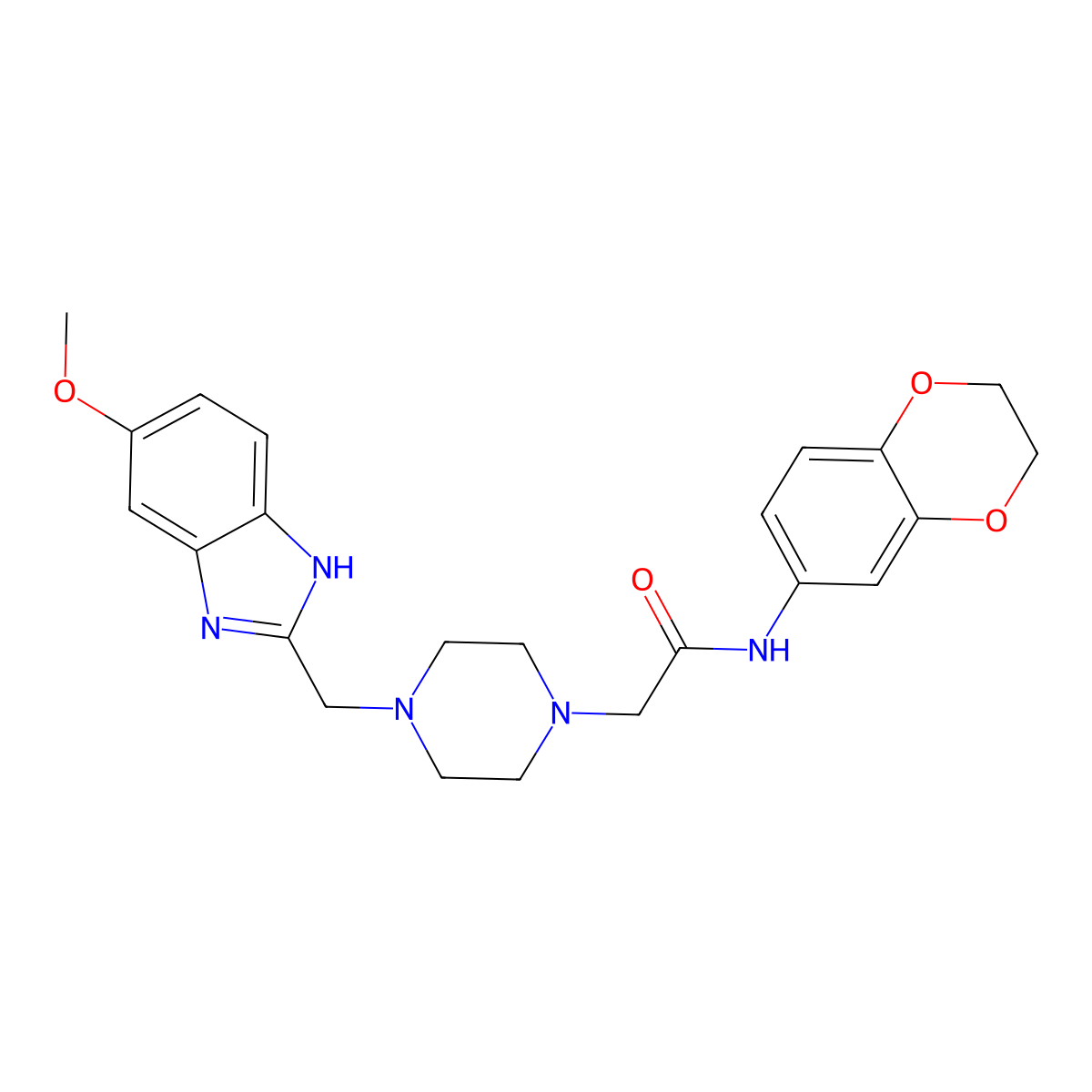 N-(2,3-dihydrobenzo[b][1,4]dioxin-6-yl)-2-(4-((5-methoxy-1H-benzo[d]imidazol-2-yl)methyl)piperazin-1-yl)acetamide molecular structure, CAS 1172069-04-3