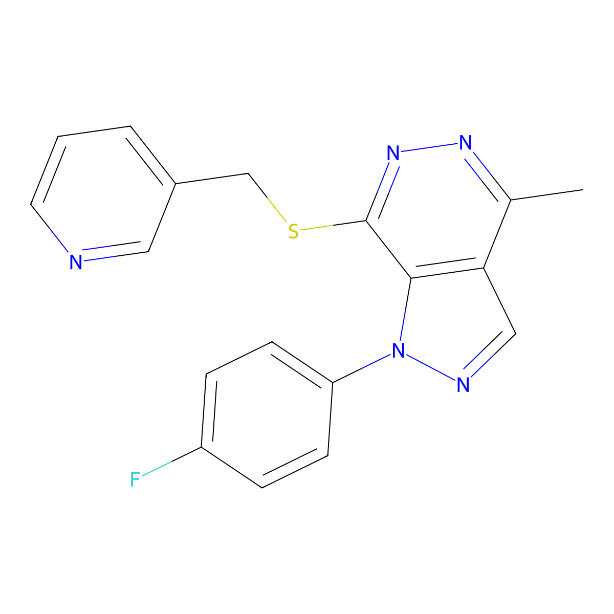 1-(4-fluorophenyl)-4-methyl-7-((pyridin-3-ylmethyl)thio)-1H-pyrazolo[3,4-d]pyridazine molecular structure, CAS 1172069-40-7