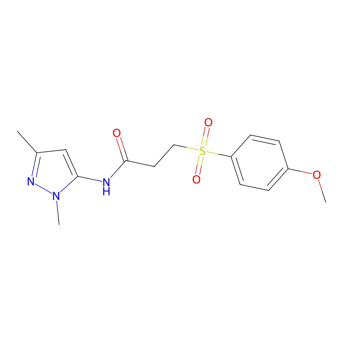 N-(1,3-dimethyl-1H-pyrazol-5-yl)-3-((4-methoxyphenyl)sulfonyl)propanamide molecular structure, CAS 1172070-08-4