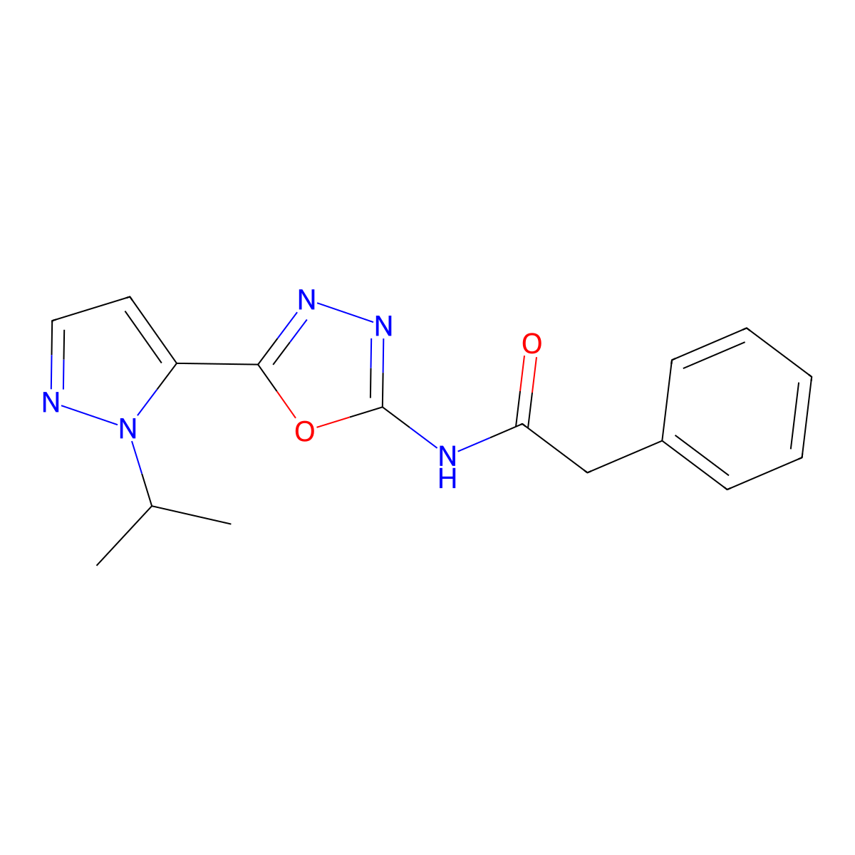 N-(5-(1-isopropyl-1H-pyrazol-5-yl)-1,3,4-oxadiazol-2-yl)-2-phenylacetamide molecular structure, CAS 1172072-03-5