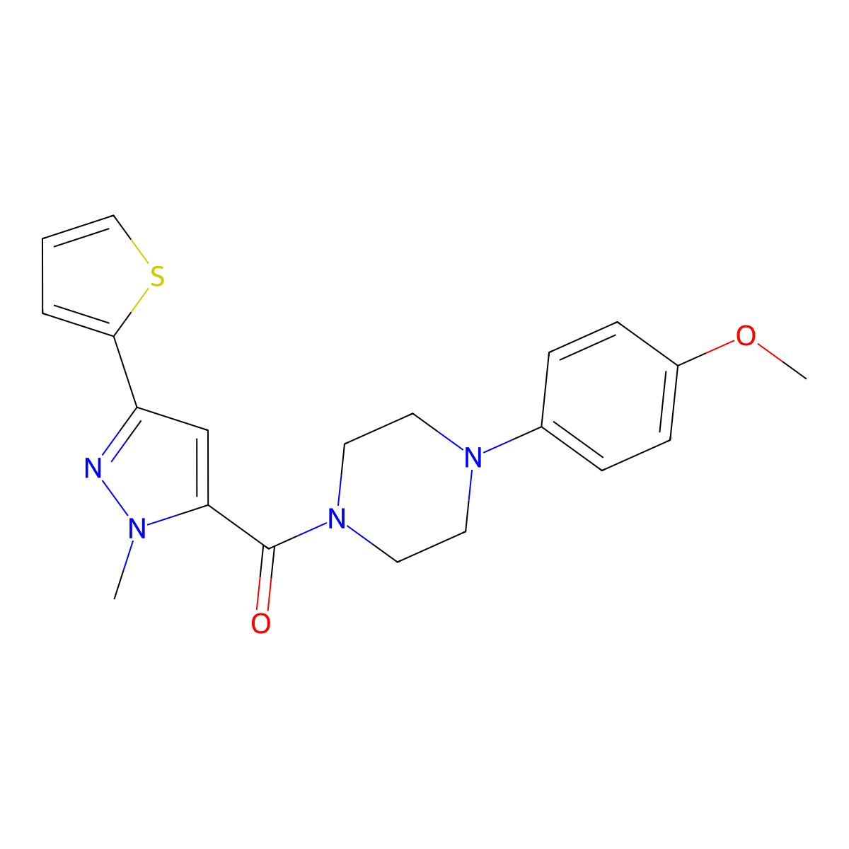 [4-(4-methoxyphenyl)piperazino][1-methyl-3-(2-thienyl)-1H-pyrazol-5-yl]methanone molecular structure, CAS 1172077-89-2