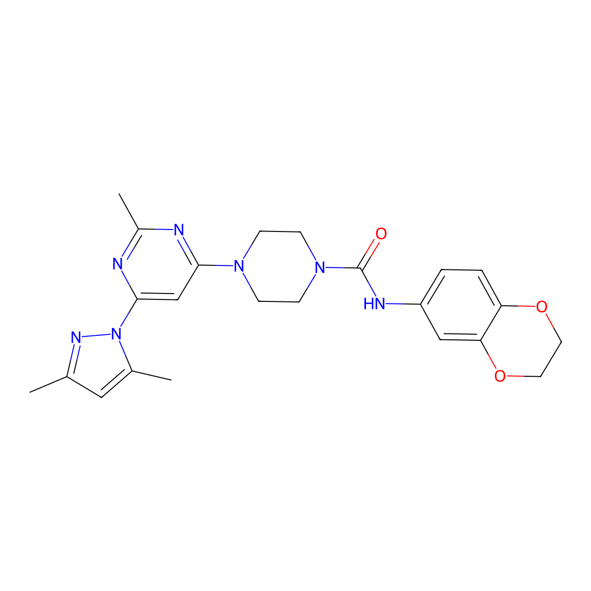 N-(2,3-dihydrobenzo[b][1,4]dioxin-6-yl)-4-(6-(3,5-dimethyl-1H-pyrazol-1-yl)-2-methylpyrimidin-4-yl)piperazine-1-carboxamide molecular structure, CAS 1172078-65-7