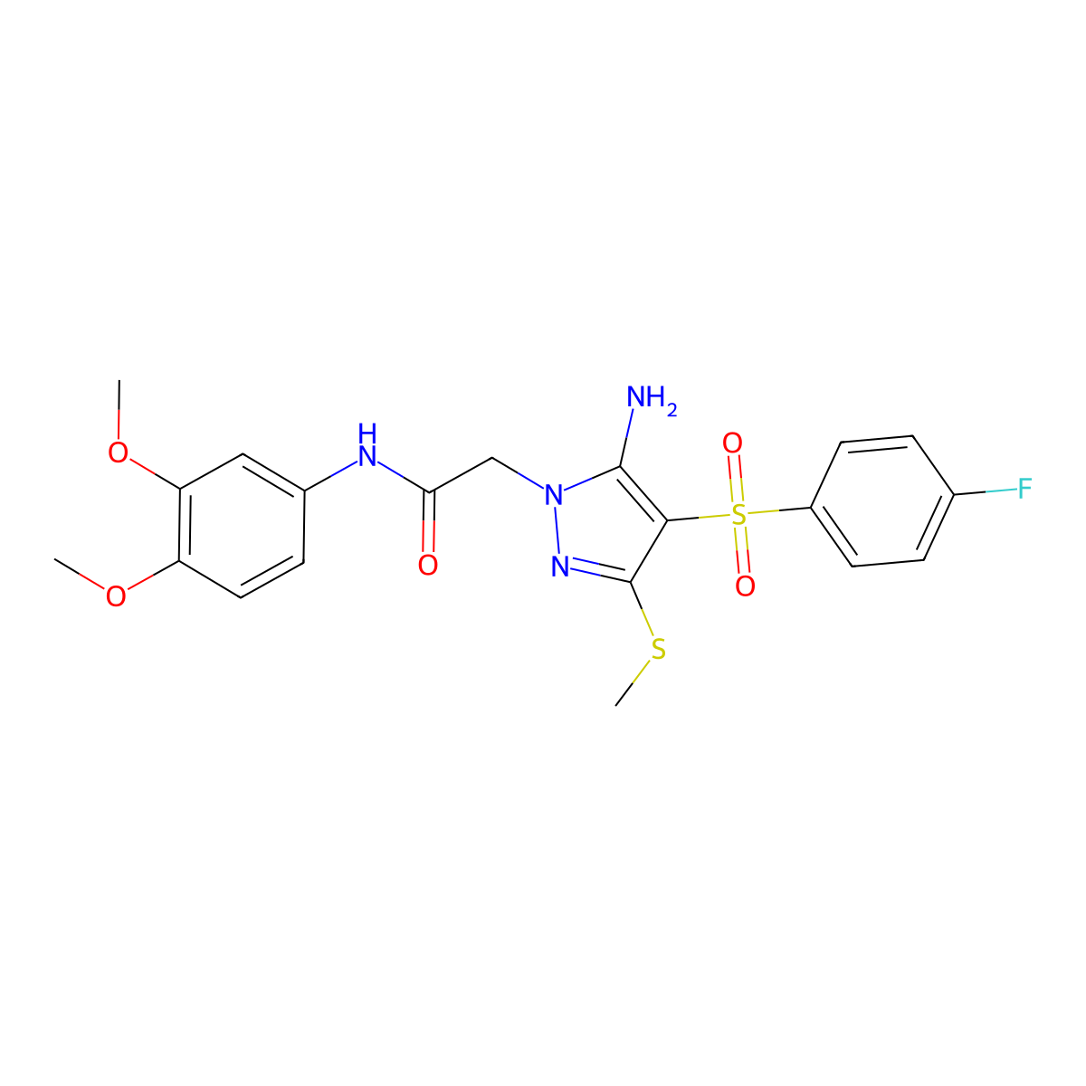 2-[5-amino-4-(4-fluorobenzenesulfonyl)-3-(methylsulfanyl)-1H-pyrazol-1-yl]-N-(3,4-dimethoxyphenyl)acetamide molecular structure, CAS 1172082-07-3