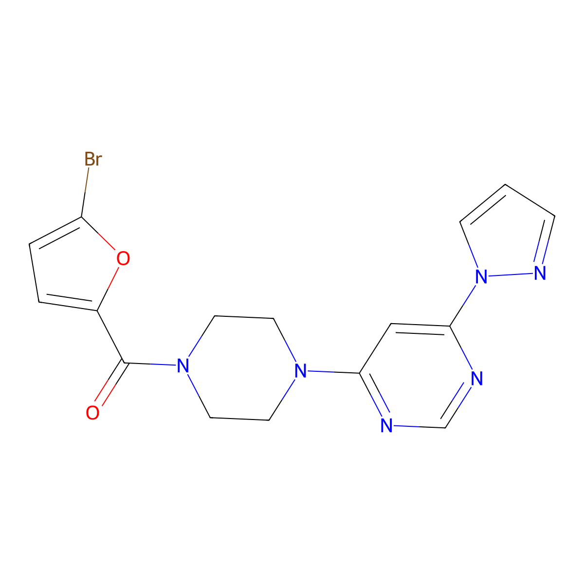 (4-(6-(1H-pyrazol-1-yl)pyrimidin-4-yl)piperazin-1-yl)(5-bromofuran-2-yl)methanone molecular structure, CAS 1172085-02-7