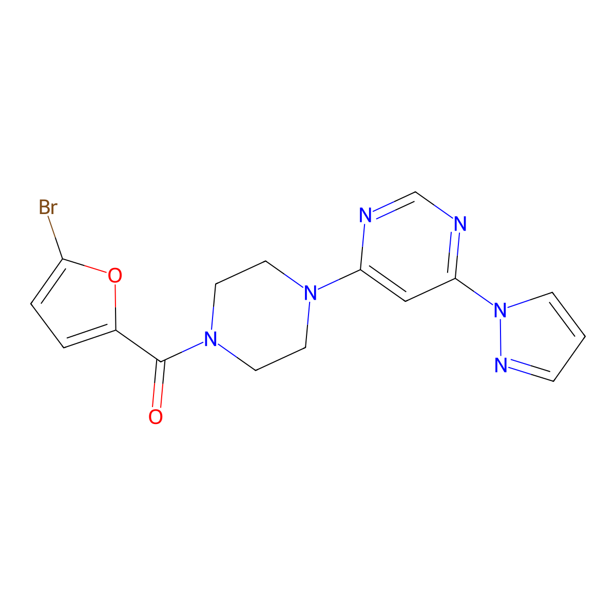 (4-(6-(1H-pyrazol-1-yl)pyrimidin-4-yl)piperazin-1-yl)(5-bromofuran-2-yl)methanone molecular structure, CAS 1172085-02-7