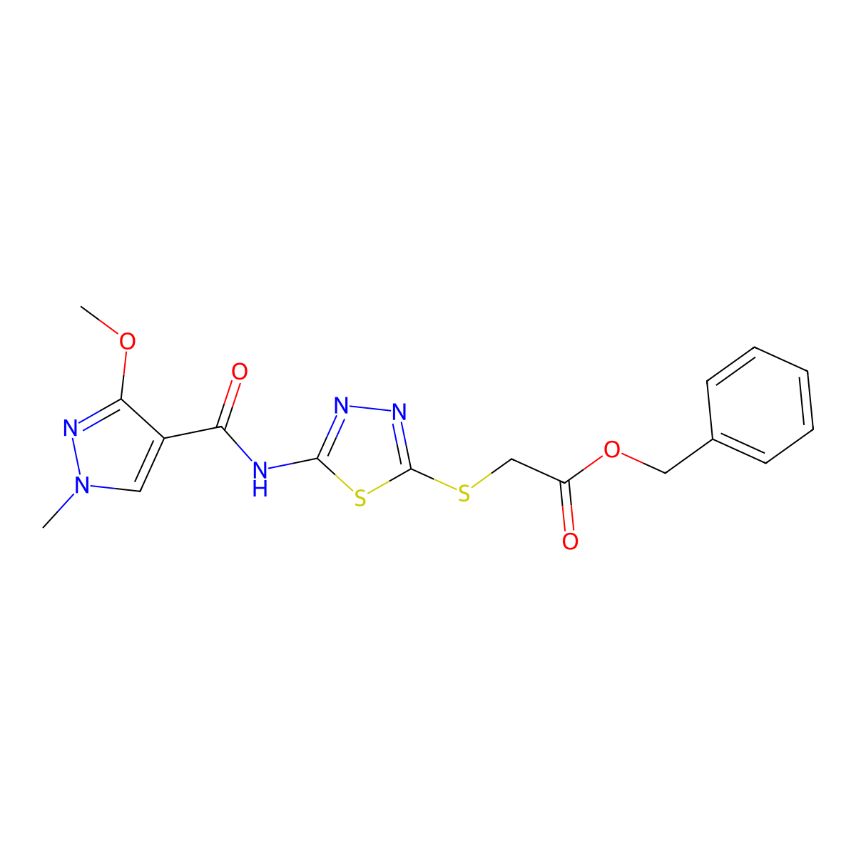 benzyl 2-((5-(3-methoxy-1-methyl-1H-pyrazole-4-carboxamido)-1,3,4-thiadiazol-2-yl)thio)acetate molecular structure, CAS 1172086-10-0