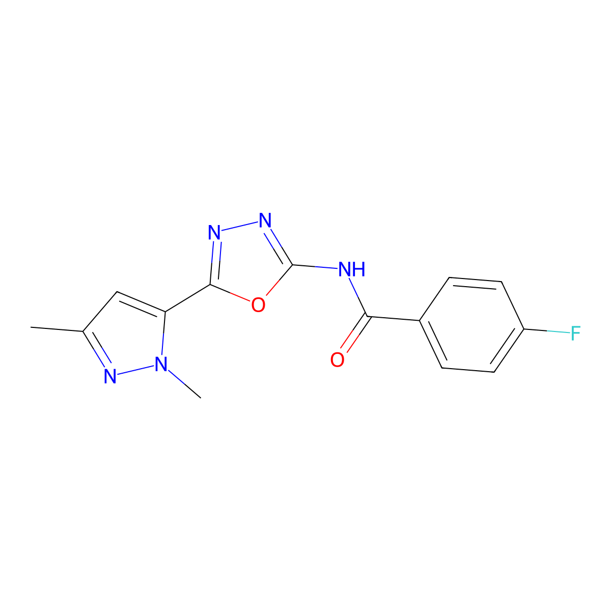 N-[5-(1,3-dimethyl-1H-pyrazol-5-yl)-1,3,4-oxadiazol-2-yl]-4-fluorobenzamide molecular structure, CAS 1172086-39-3
