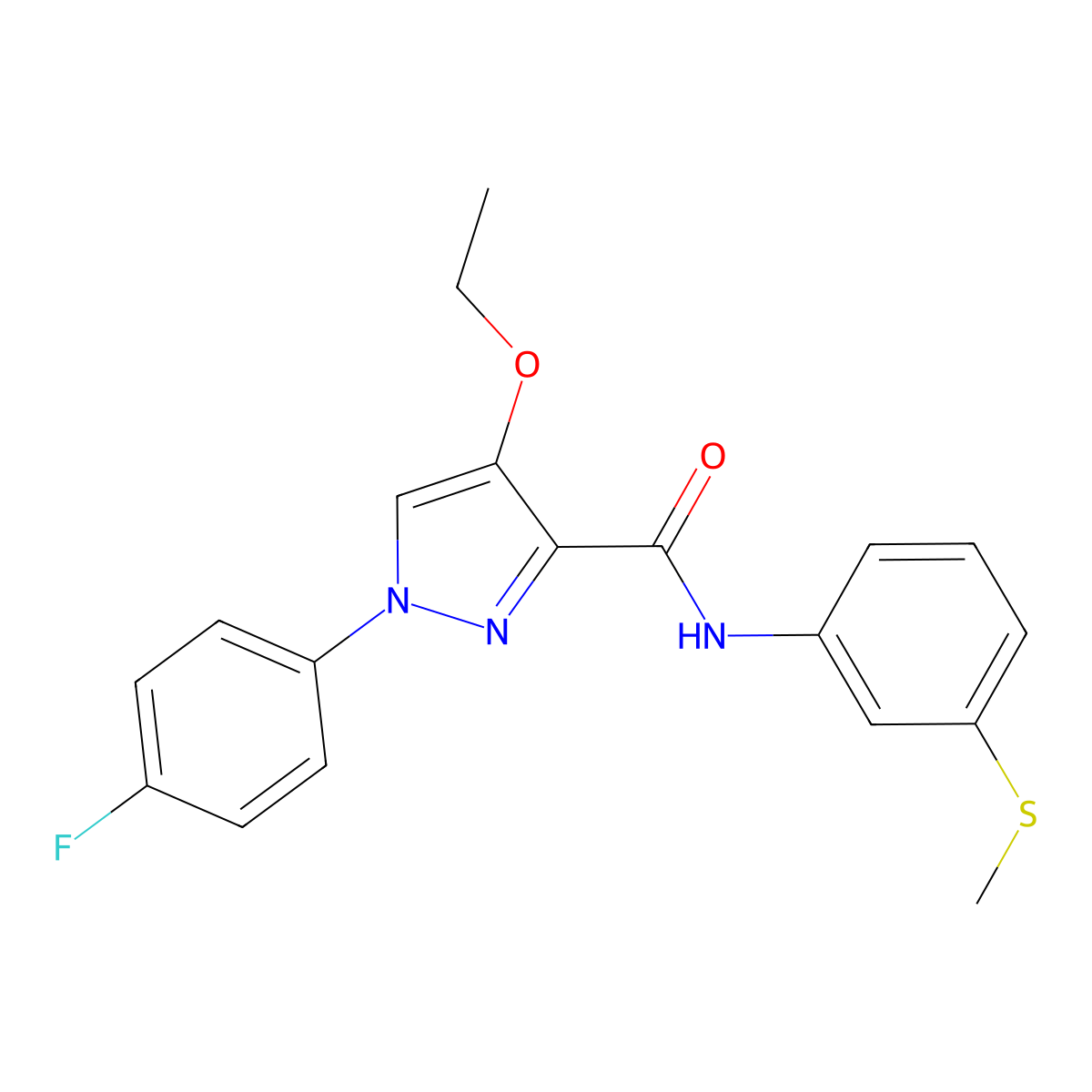 4-ethoxy-1-(4-fluorophenyl)-N-(3-(methylthio)phenyl)-1H-pyrazole-3-carboxamide molecular structure, CAS 1172090-44-6