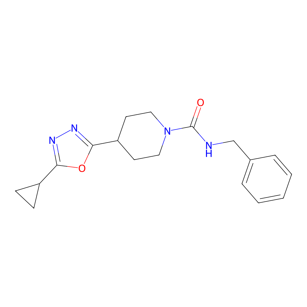 N-benzyl-4-(5-cyclopropyl-1,3,4-oxadiazol-2-yl)piperidine-1-carboxamide molecular structure, CAS 1172091-00-7