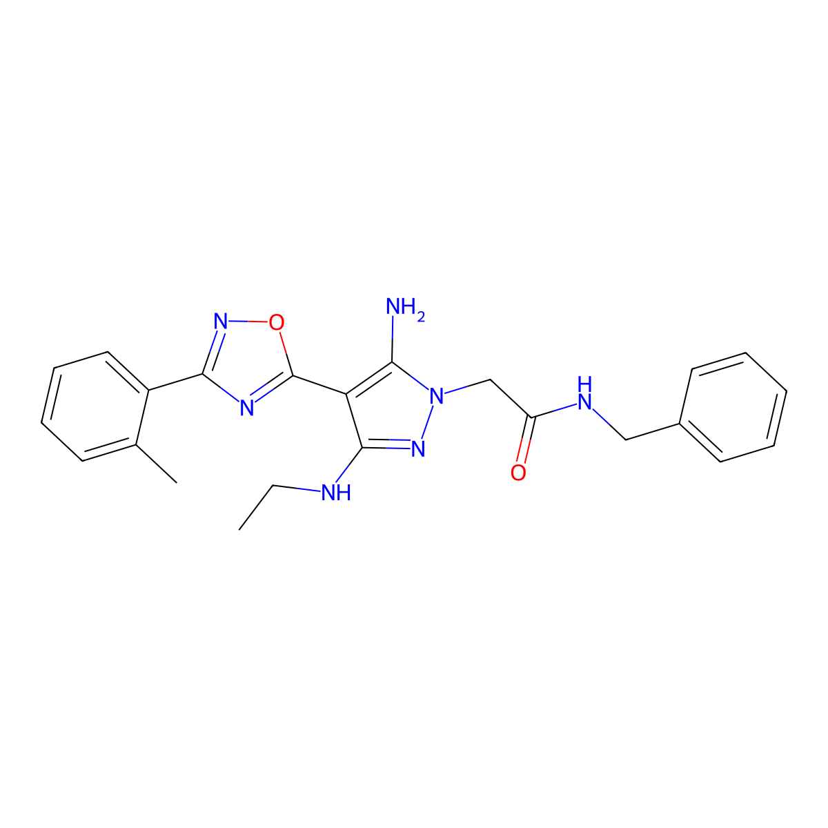 2-(5-amino-3-(ethylamino)-4-(3-(o-tolyl)-1,2,4-oxadiazol-5-yl)-1H-pyrazol-1-yl)-N-benzylacetamide molecular structure, CAS 1172092-93-1