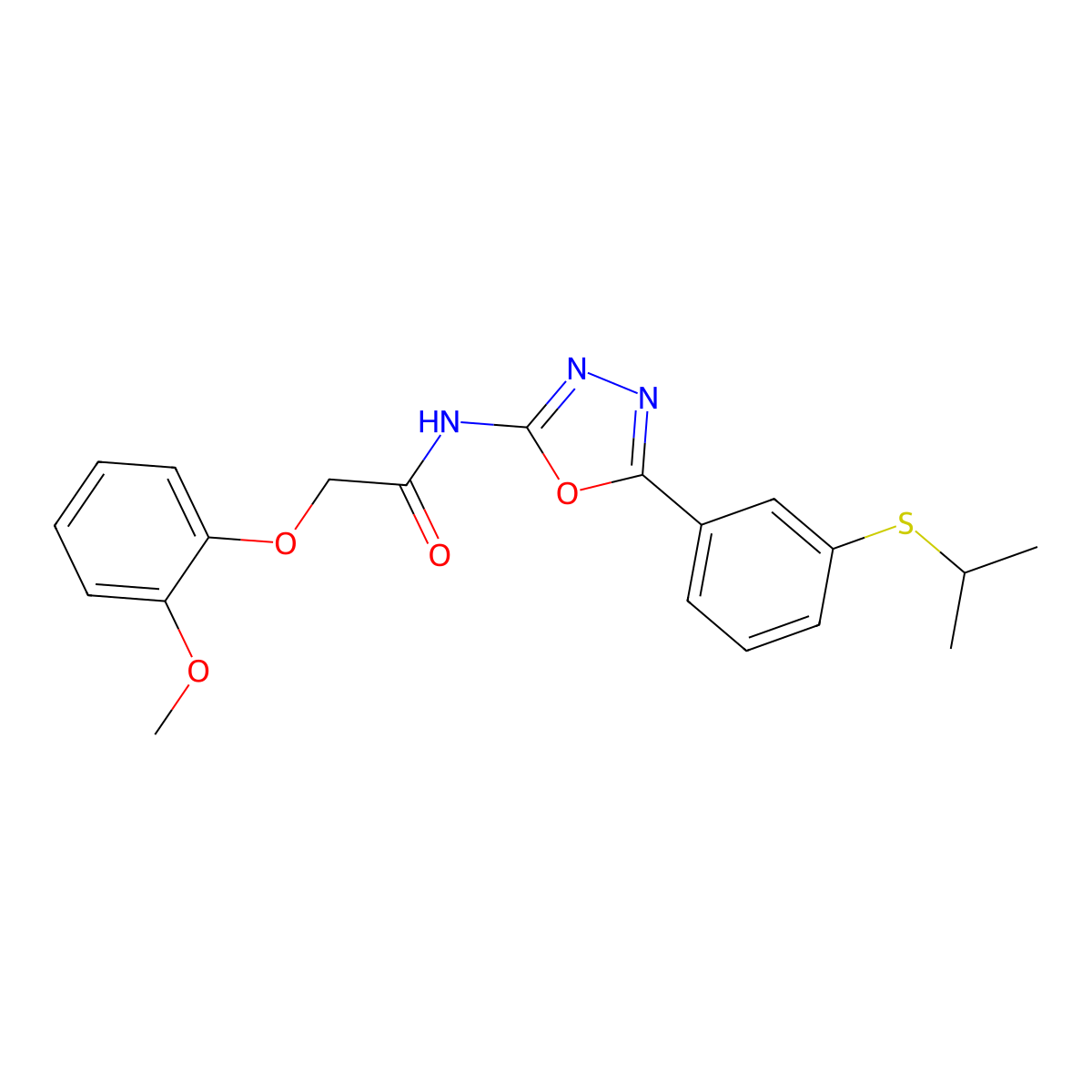 N-(5-(3-(isopropylthio)phenyl)-1,3,4-oxadiazol-2-yl)-2-(2-methoxyphenoxy)acetamide molecular structure, CAS 1172097-52-7