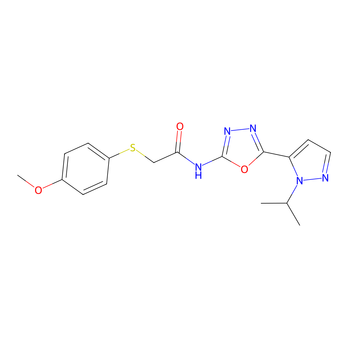N-(5-(1-isopropyl-1H-pyrazol-5-yl)-1,3,4-oxadiazol-2-yl)-2-((4-methoxyphenyl)thio)acetamide molecular structure, CAS 1172098-88-2