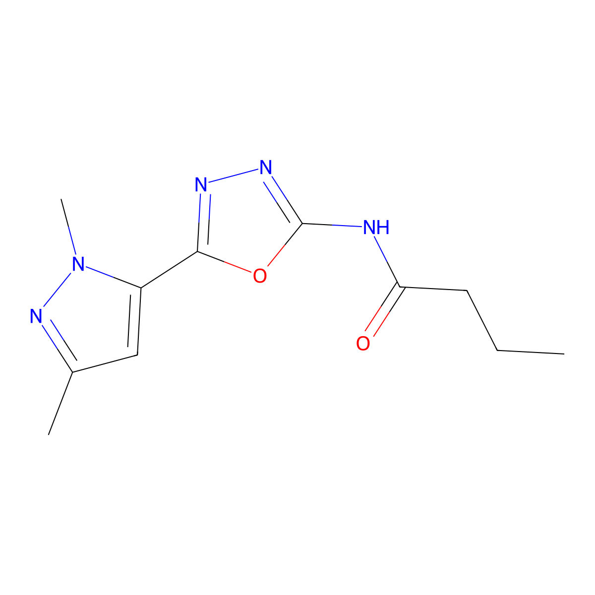 N-[5-(1,3-dimethyl-1H-pyrazol-5-yl)-1,3,4-oxadiazol-2-yl]butanamide molecular structure, CAS 1172099-98-7