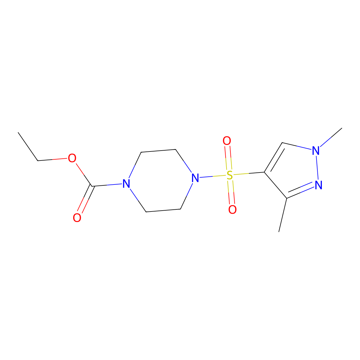 ethyl 4-((1,3-dimethyl-1H-pyrazol-4-yl)sulfonyl)piperazine-1-carboxylate molecular structure, CAS 1172101-76-6