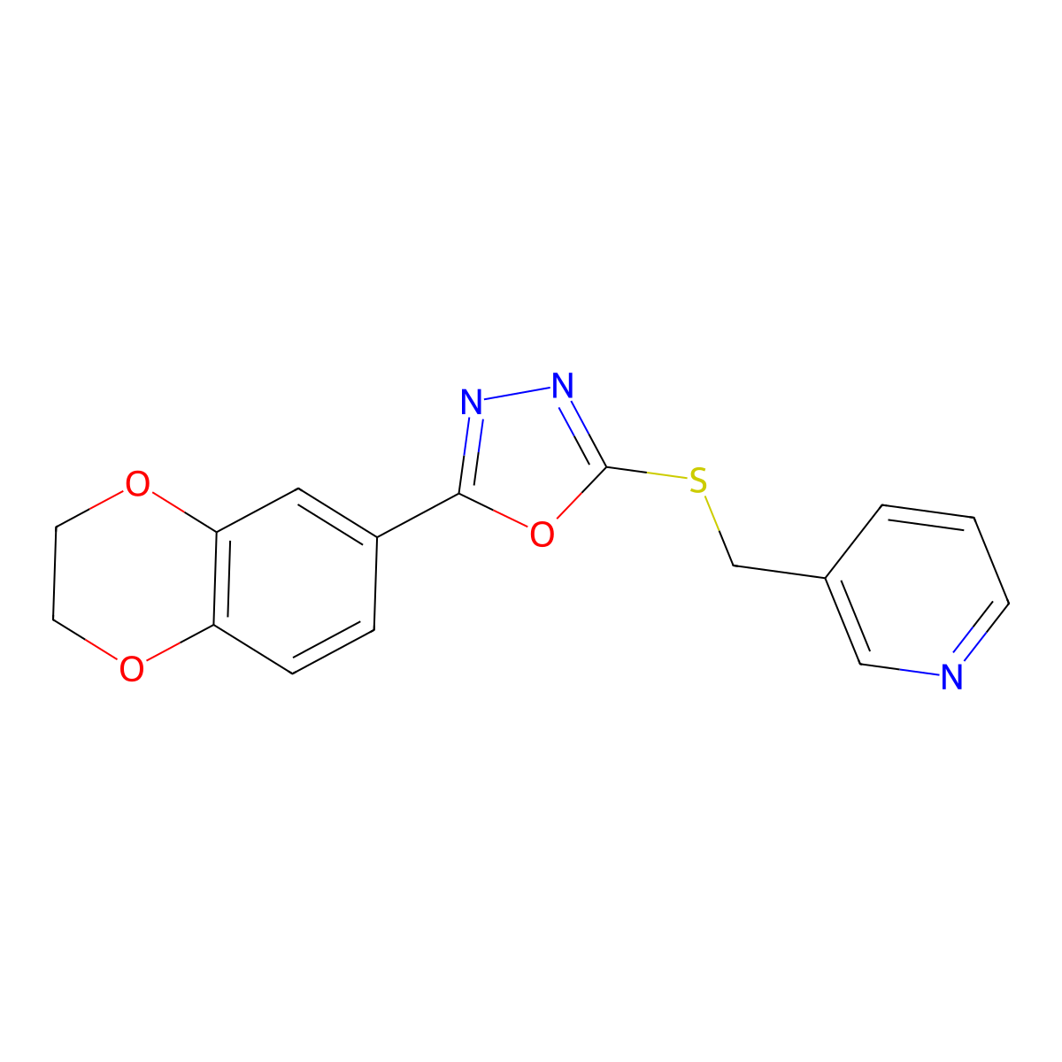 2-(2,3-Dihydrobenzo[b][1,4]dioxin-6-yl)-5-((pyridin-3-ylmethyl)thio)-1,3,4-oxadiazole molecular structure, CAS 1172104-42-5