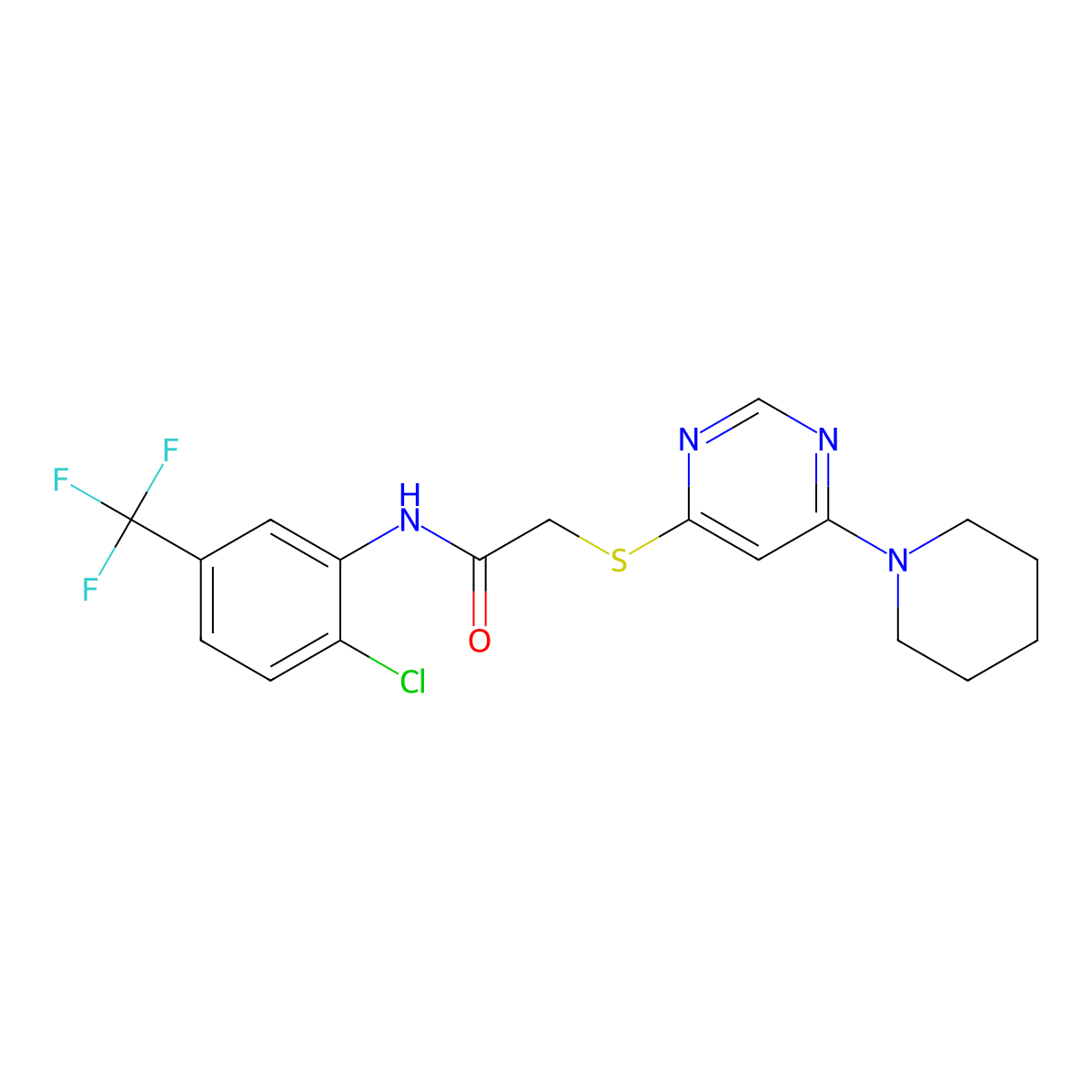 N-(2-chloro-5-(trifluoromethyl)phenyl)-2-((6-(piperidin-1-yl)pyrimidin-4-yl)thio)acetamide molecular structure, CAS 1172106-35-2