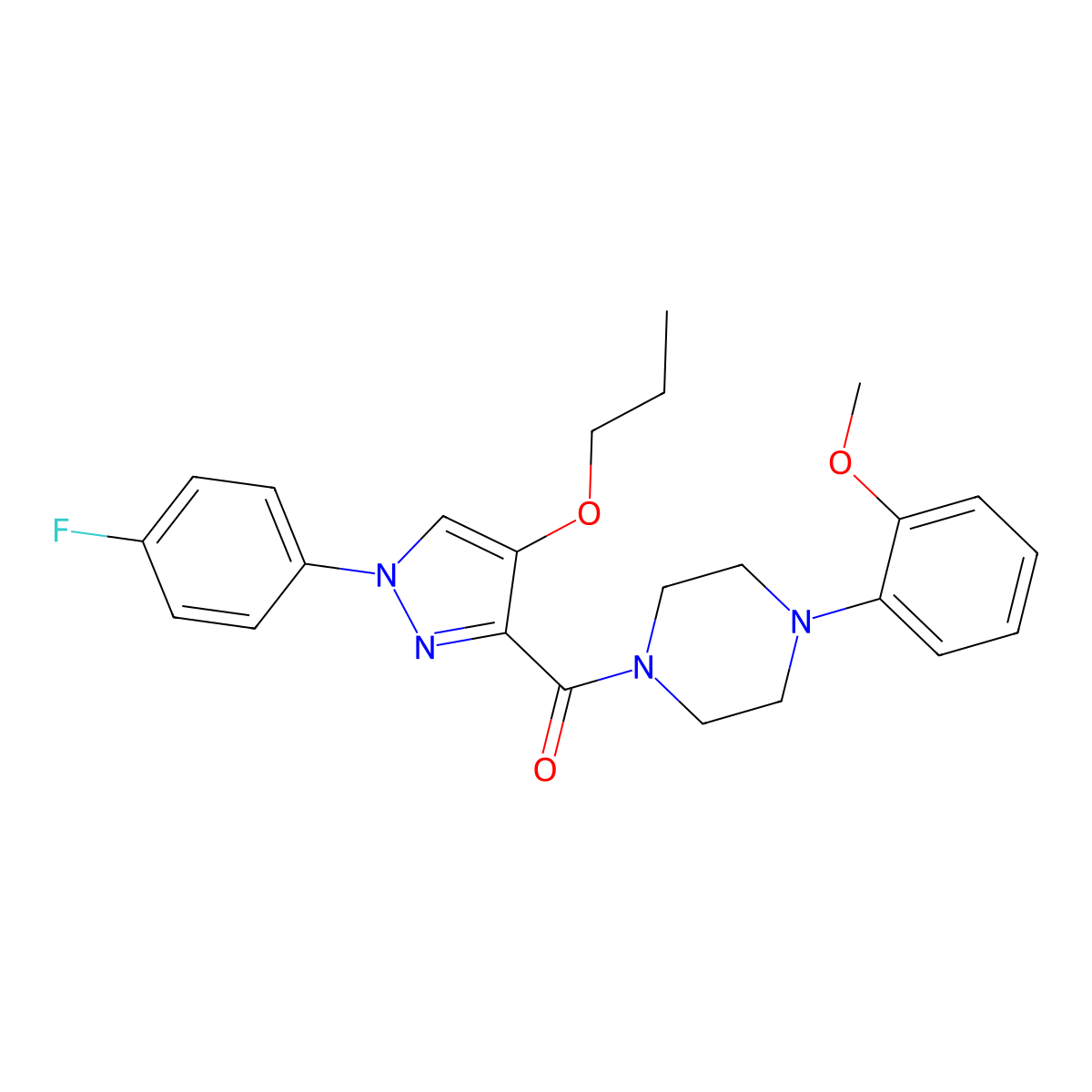 (1-(4-fluorophenyl)-4-propoxy-1H-pyrazol-3-yl)(4-(2-methoxyphenyl)piperazin-1-yl)methanone molecular structure, CAS 1172108-60-9