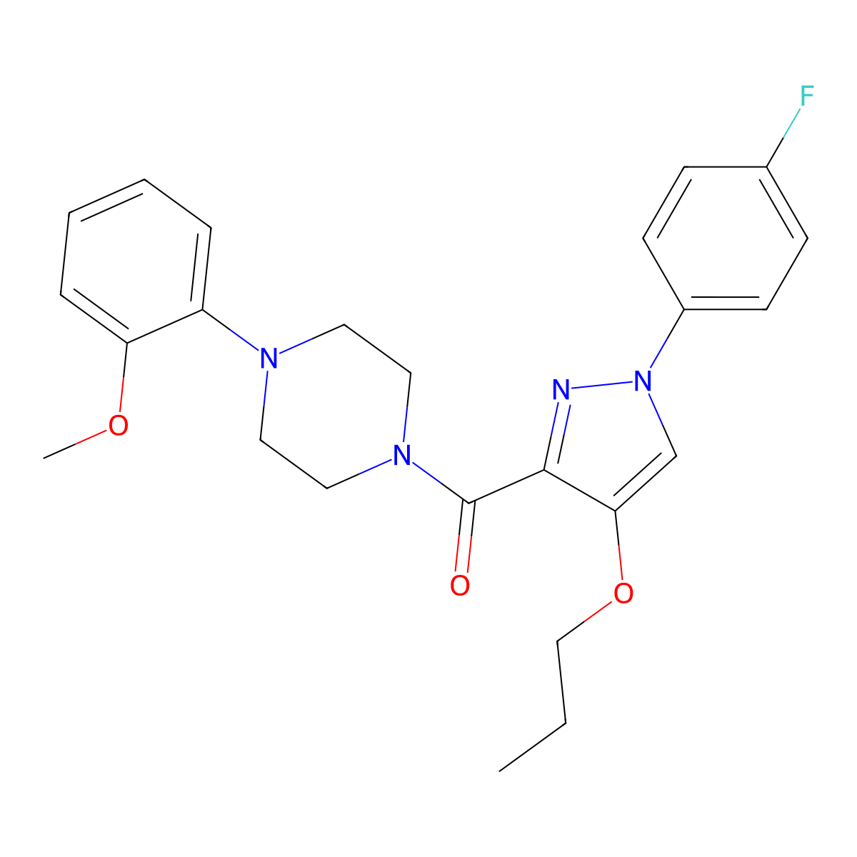 (1-(4-fluorophenyl)-4-propoxy-1H-pyrazol-3-yl)(4-(2-methoxyphenyl)piperazin-1-yl)methanone molecular structure, CAS 1172108-60-9