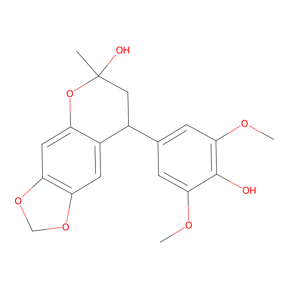 7,8-Dihydro-8-(4-hydroxy-3,5-dimethoxyphenyl)-6-methyl-6H-1,3-dioxolo(4,5-g)(1)benzopyran-6-ol molecular structure, CAS 117211-99-1