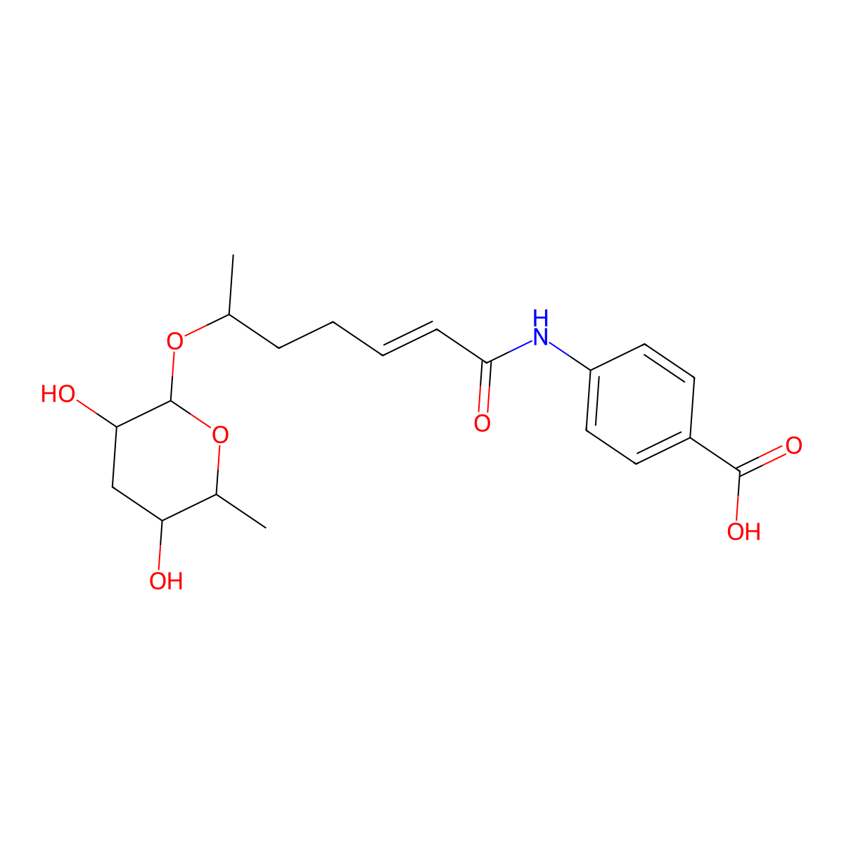 4-(((2E,6R)-6-((3,6-Dideoxy-alpha-L-arabino-hexopyranosyl)oxy)-1-oxo-2-hepten-1-yl)amino)benzoic acid molecular structure, CAS 1172120-40-9