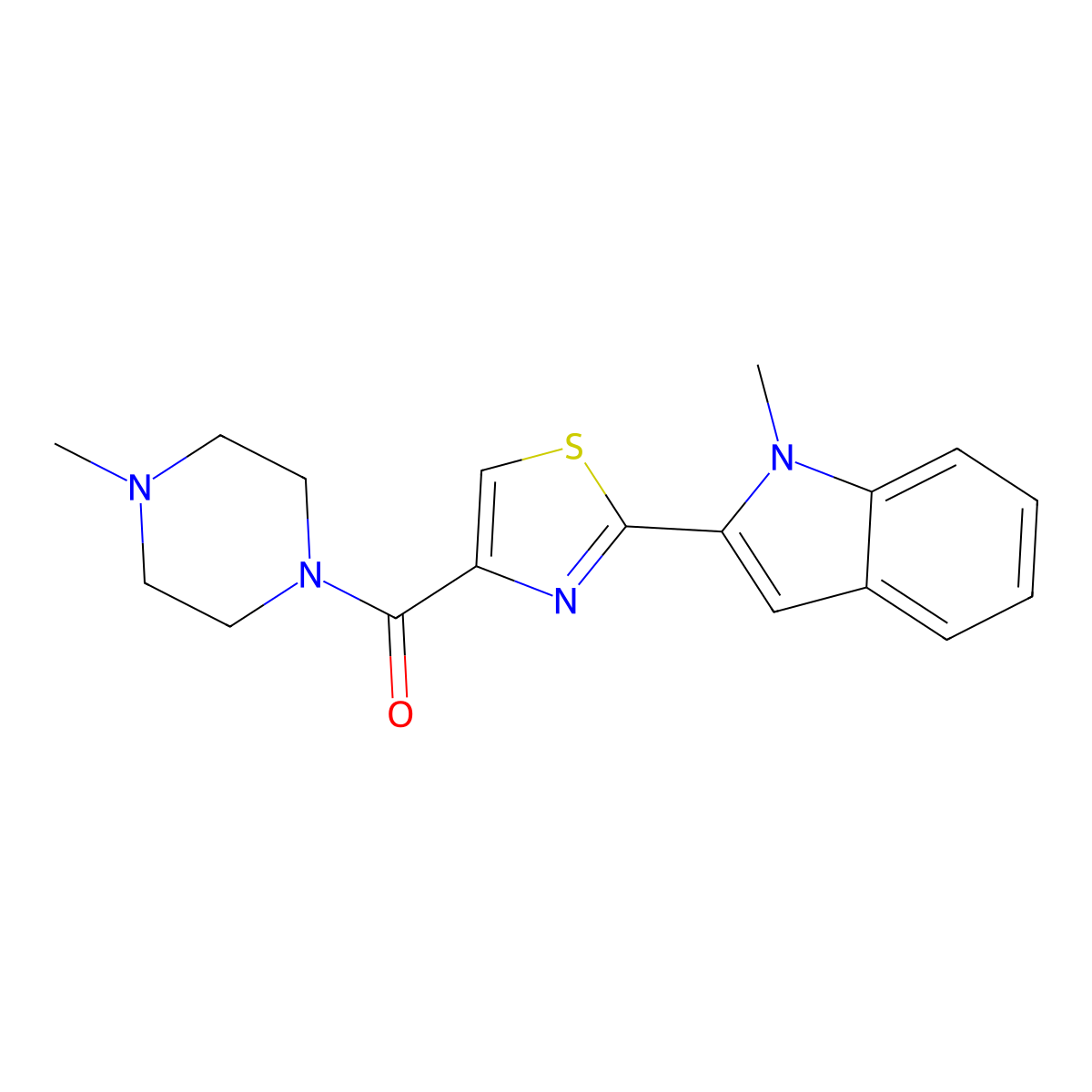 (2-(1-methyl-1H-indol-2-yl)thiazol-4-yl)(4-methylpiperazin-1-yl)methanone molecular structure, CAS 1172228-08-8