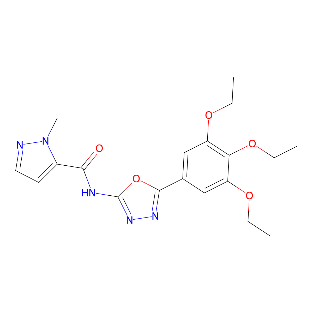 1-methyl-N-[5-(3,4,5-triethoxyphenyl)-1,3,4-oxadiazol-2-yl]-1H-pyrazole-5-carboxamide molecular structure, CAS 1172228-79-3