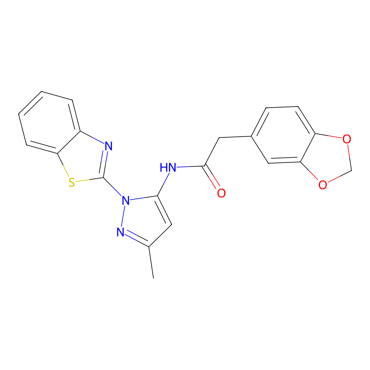 2-(benzo[d][1,3]dioxol-5-yl)-N-(1-(benzo[d]thiazol-2-yl)-3-methyl-1H-pyrazol-5-yl)acetamide molecular structure, CAS 1172231-07-0