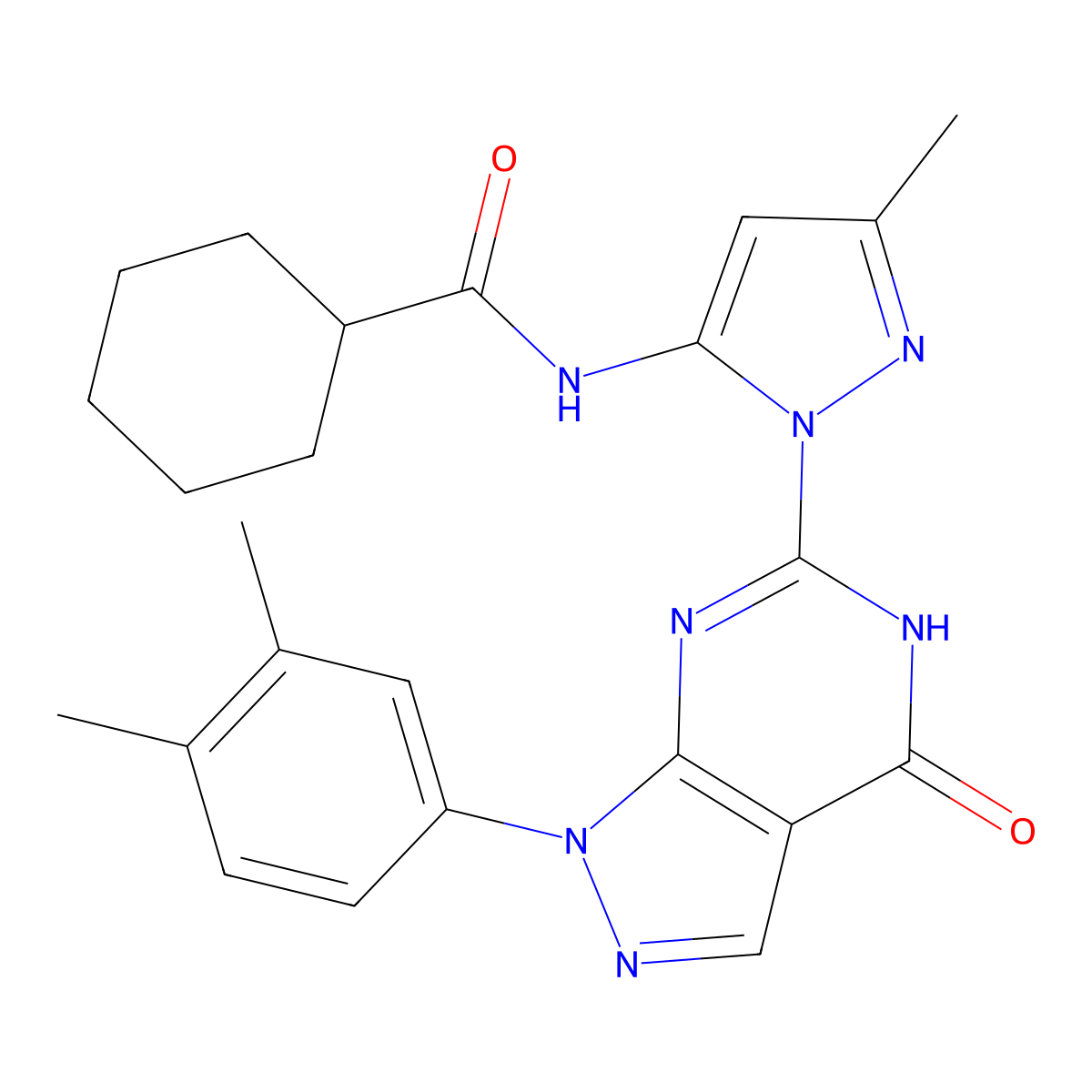 N-(1-(1-(3,4-dimethylphenyl)-4-oxo-4,5-dihydro-1H-pyrazolo[3,4-d]pyrimidin-6-yl)-3-methyl-1H-pyrazol-5-yl)cyclohexanecarboxamide molecular structure, CAS 1172231-40-1