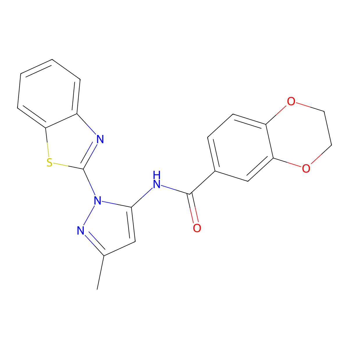 N-(1-(benzo[d]thiazol-2-yl)-3-methyl-1H-pyrazol-5-yl)-2,3-dihydrobenzo[b][1,4]dioxine-6-carboxamide molecular structure, CAS 1172233-74-7