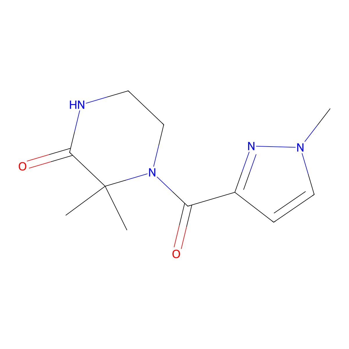 3,3-dimethyl-4-(1-methyl-1H-pyrazole-3-carbonyl)piperazin-2-one molecular structure, CAS 1172235-72-1