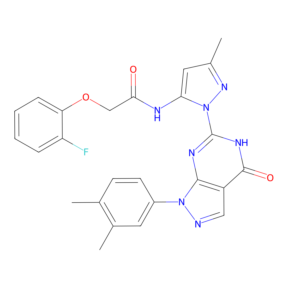 N-(1-(1-(3,4-dimethylphenyl)-4-oxo-4,5-dihydro-1H-pyrazolo[3,4-d]pyrimidin-6-yl)-3-methyl-1H-pyrazol-5-yl)-2-(2-fluorophenoxy)acetamide molecular structure, CAS 1172236-50-8
