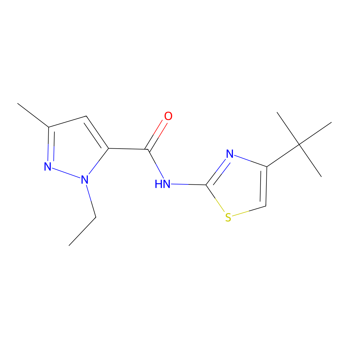 N-(4-tert-butyl-1,3-thiazol-2-yl)-1-ethyl-3-methyl-1H-pyrazole-5-carboxamide molecular structure, CAS 1172236-58-6