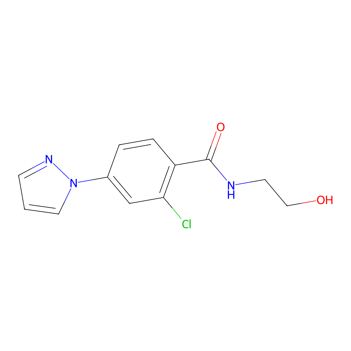 2-chloro-N-(2-hydroxyethyl)-4-(1H-pyrazol-1-yl)benzamide molecular structure, CAS 1172238-65-1