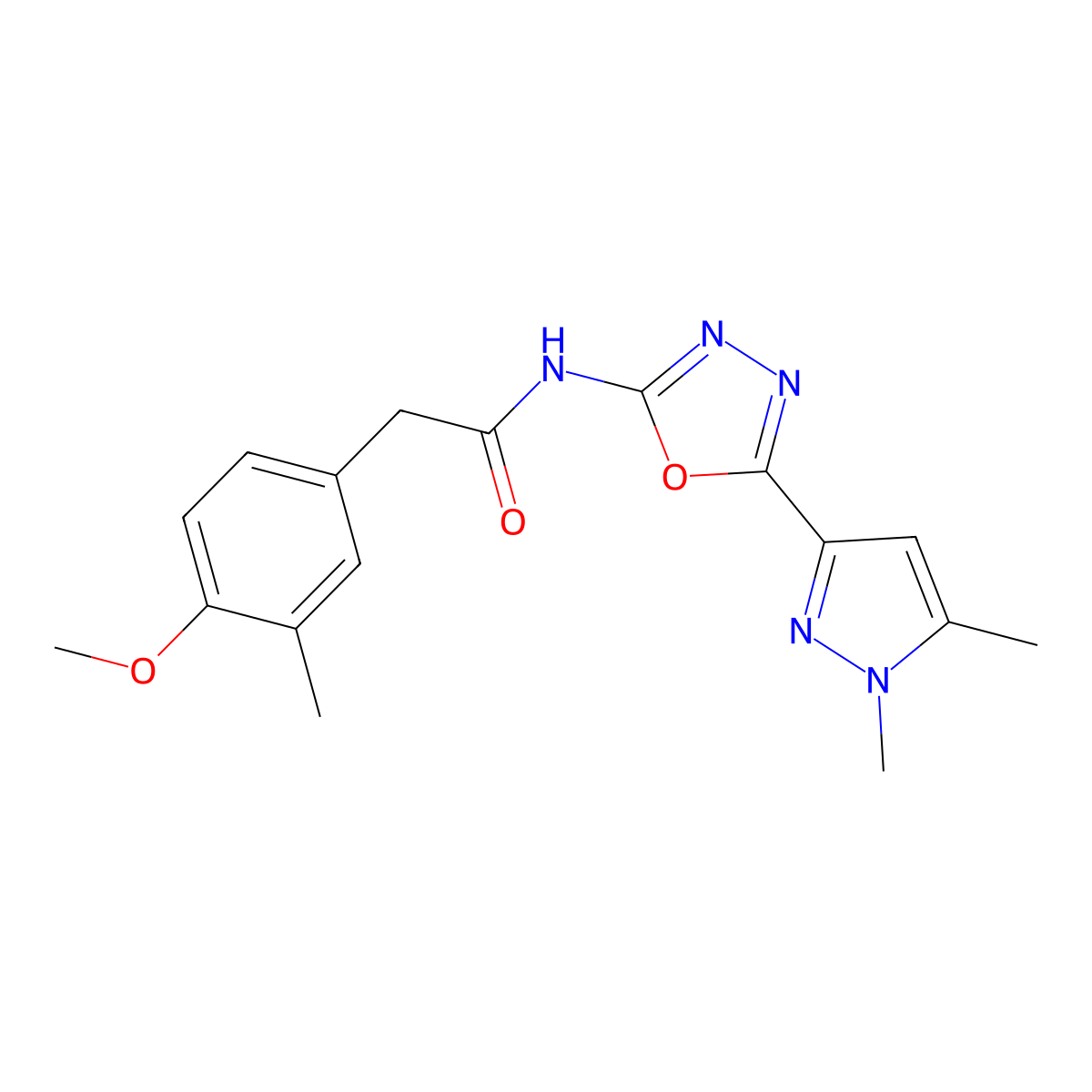 N-[5-(1,5-dimethyl-1H-pyrazol-3-yl)-1,3,4-oxadiazol-2-yl]-2-(4-methoxy-3-methylphenyl)acetamide molecular structure, CAS 1172239-50-7