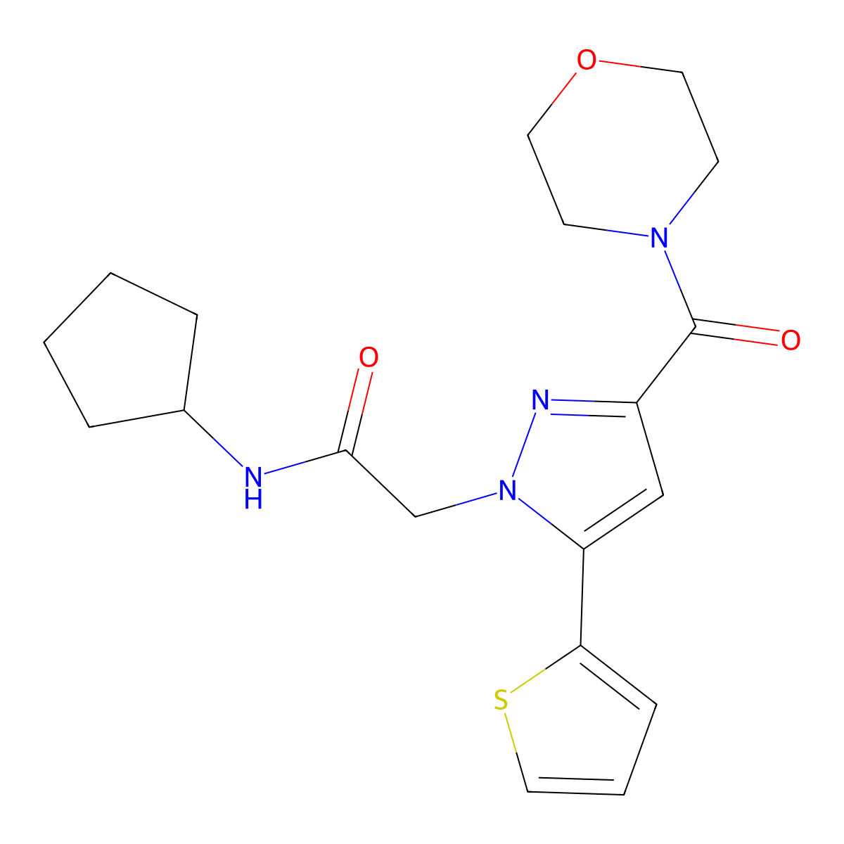 N-cyclopentyl-2-[3-(morpholine-4-carbonyl)-5-(thiophen-2-yl)-1H-pyrazol-1-yl]acetamide molecular structure, CAS 1172244-66-4
