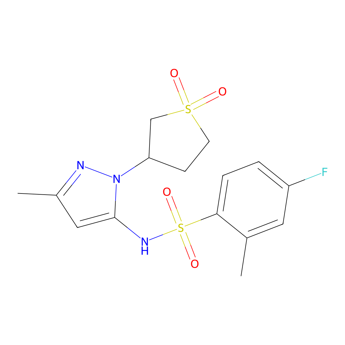 N-(1-(1,1-dioxidotetrahydrothiophen-3-yl)-3-methyl-1H-pyrazol-5-yl)-4-fluoro-2-methylbenzenesulfonamide molecular structure, CAS 1172244-96-0