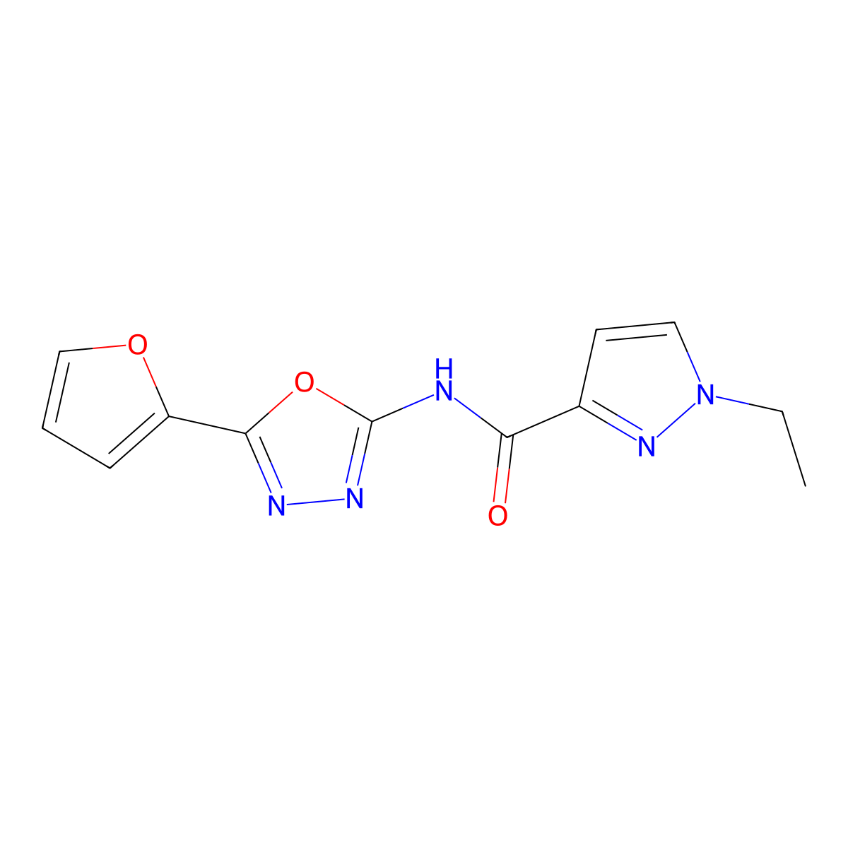 1-ethyl-N-(5-(furan-2-yl)-1,3,4-oxadiazol-2-yl)-1H-pyrazole-3-carboxamide molecular structure, CAS 1172248-10-0