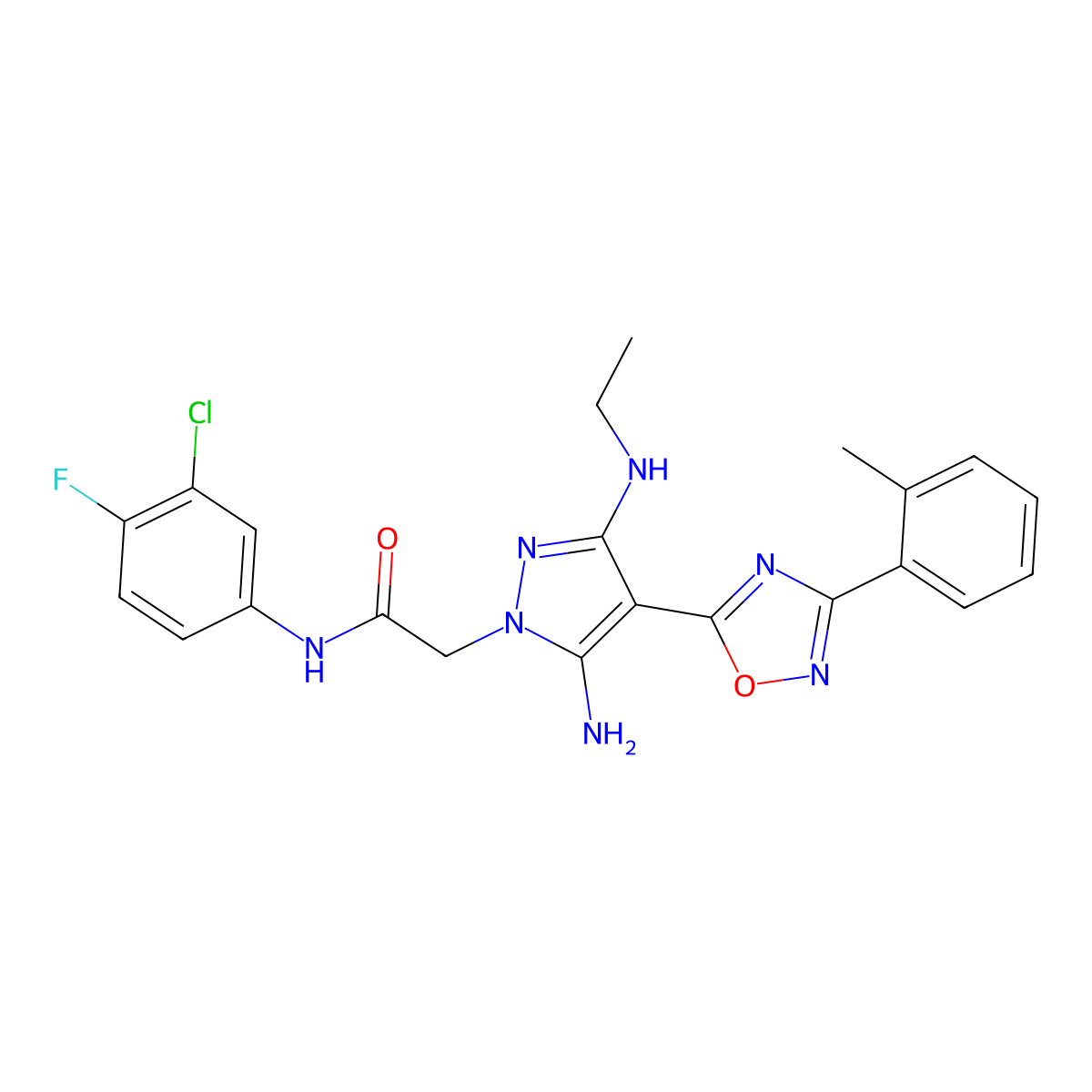 2-(5-amino-3-(ethylamino)-4-(3-(o-tolyl)-1,2,4-oxadiazol-5-yl)-1H-pyrazol-1-yl)-N-(3-chloro-4-fluorophenyl)acetamide molecular structure, CAS 1172250-07-5