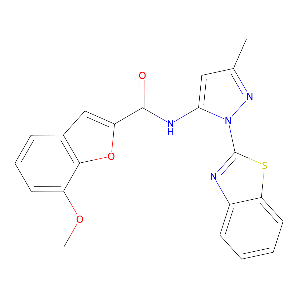 N-(1-(benzo[d]thiazol-2-yl)-3-methyl-1H-pyrazol-5-yl)-7-methoxybenzofuran-2-carboxamide molecular structure, CAS 1172250-26-8