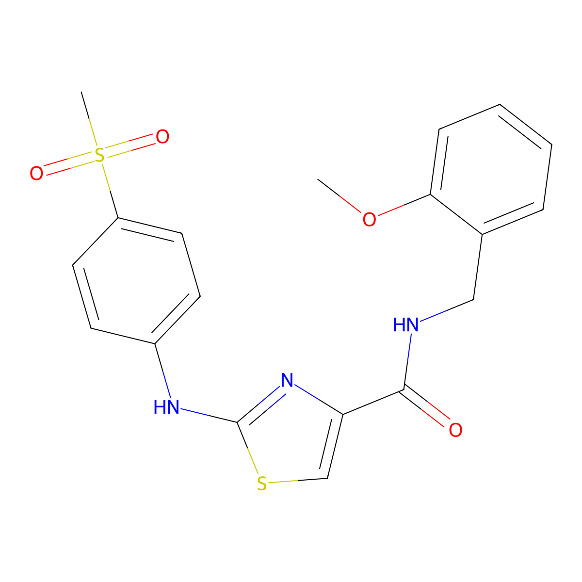 N-(2-methoxybenzyl)-2-((4-(methylsulfonyl)phenyl)amino)thiazole-4-carboxamide molecular structure, CAS 1172250-99-5