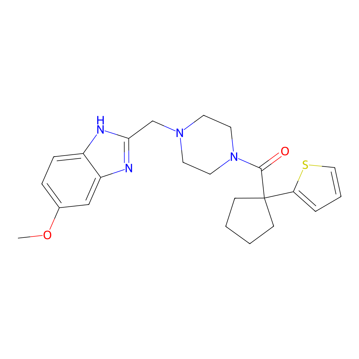 (4-((5-methoxy-1H-benzo[d]imidazol-2-yl)methyl)piperazin-1-yl)(1-(thiophen-2-yl)cyclopentyl)methanone molecular structure, CAS 1172251-35-2